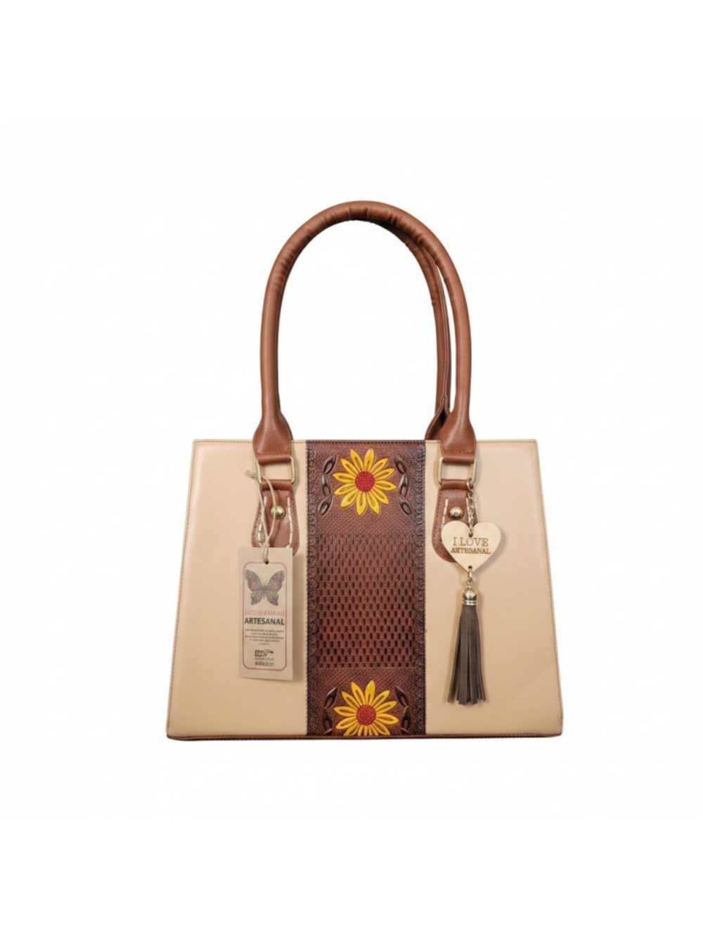 Beige Sunflowers Embossed Tooled Artisan Bag Purse Tote Handbag Bolsa Artesanal - Picture 2 of 16